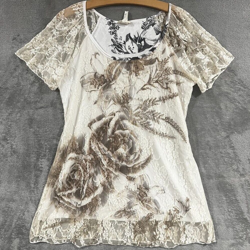 Vintage Womens Large Lace Overlay Stretchy Blouse Top Airbrush Rose Print Lined